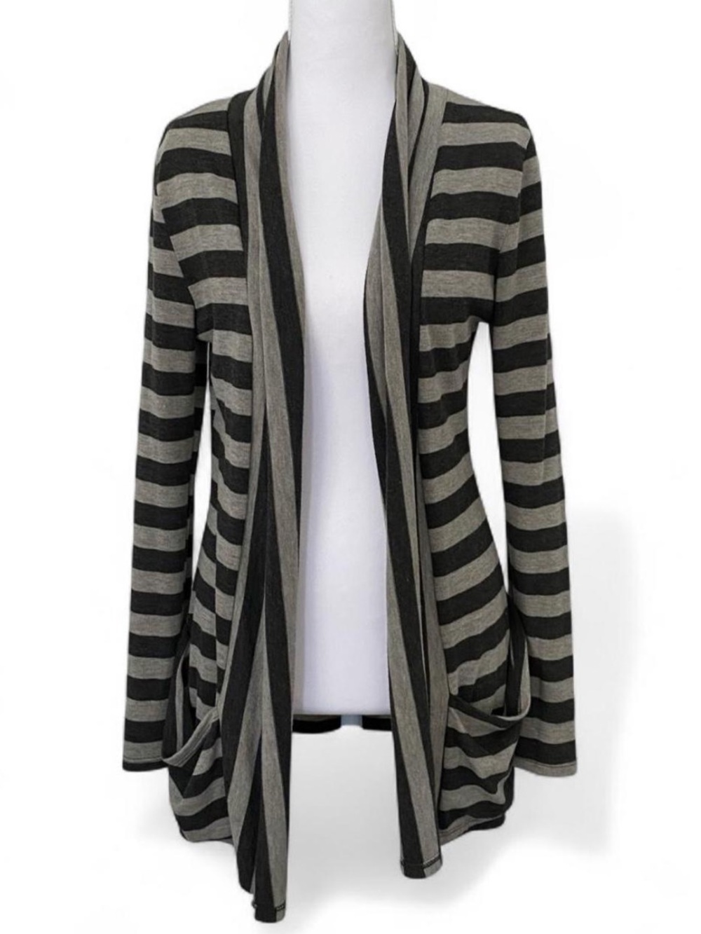 Striped Open-Front Draped Cardigan - Gray/Black